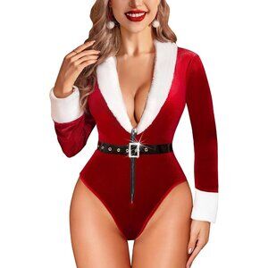 Women's Christmas Lingerie Sexy Red Santa Teddy Bodysuit One Piece with Belt